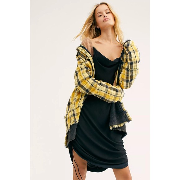 Free People Jackets & Blazers - Free People Calico Basin Plaid Buttondown Hooded Shacket MED Yellow Combo
